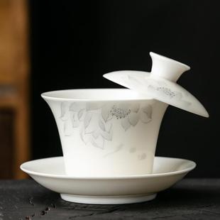 羊脂玉盖碗茶杯白瓷悬停泡茶碗带盖单个三才陶瓷悬浮功夫家用茶具