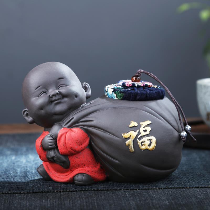 紫砂茶叶罐小号密封罐普洱茶储存收纳茶盒创意小和尚家用醒茶罐子