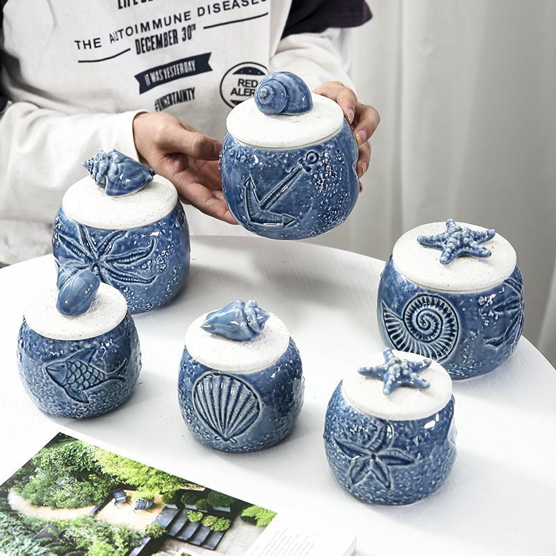 陶瓷北欧储物罐带盖海洋风格储物罐子收纳罐家用花茶杂粮罐首饰盒