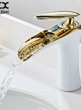 瀑布黑色水龙头全铜盆洗脸盆浴室斯堪的纳维亚台面盆金色水龙头瀑