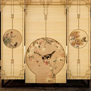 印花茶室 背景阳台隔断竹帘凉亭遮阳透光竹帘卷帘家用竹窗帘新中式