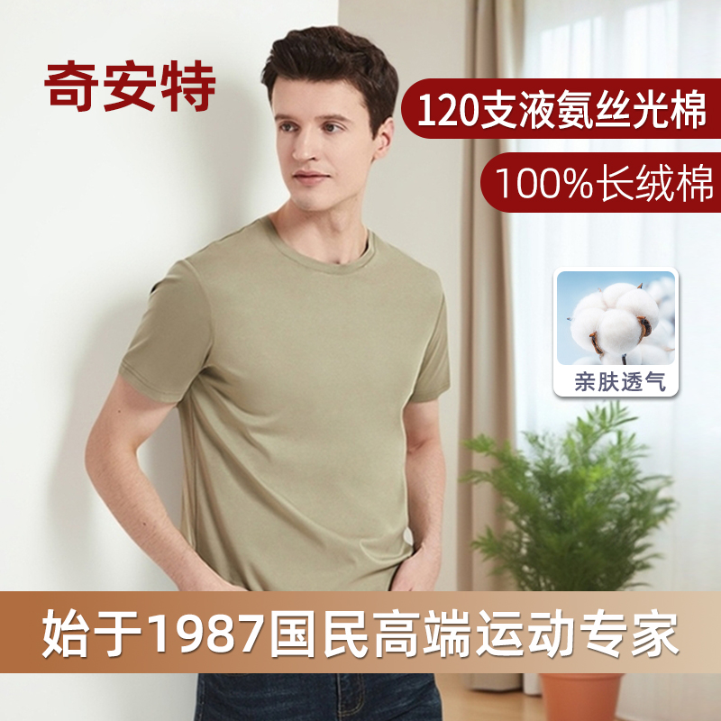 奇安特高端120支双面液氨丝光棉t恤男短袖圆领纯色纯棉长绒棉男士