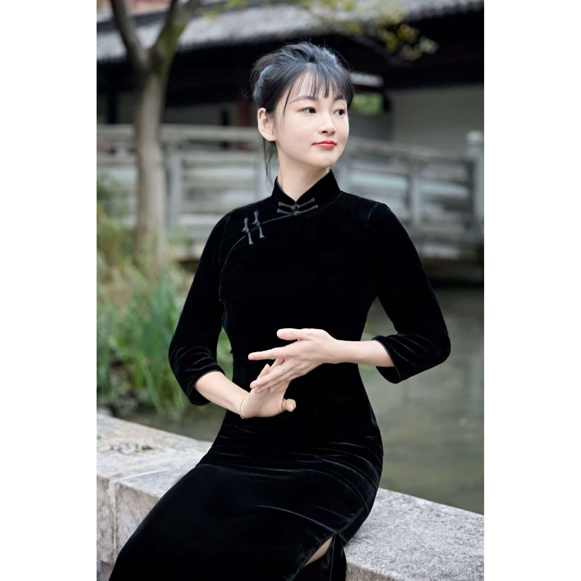 100%桑蚕丝丝绒旗袍中长款女春秋长袖复古中国风古法旗袍连衣裙