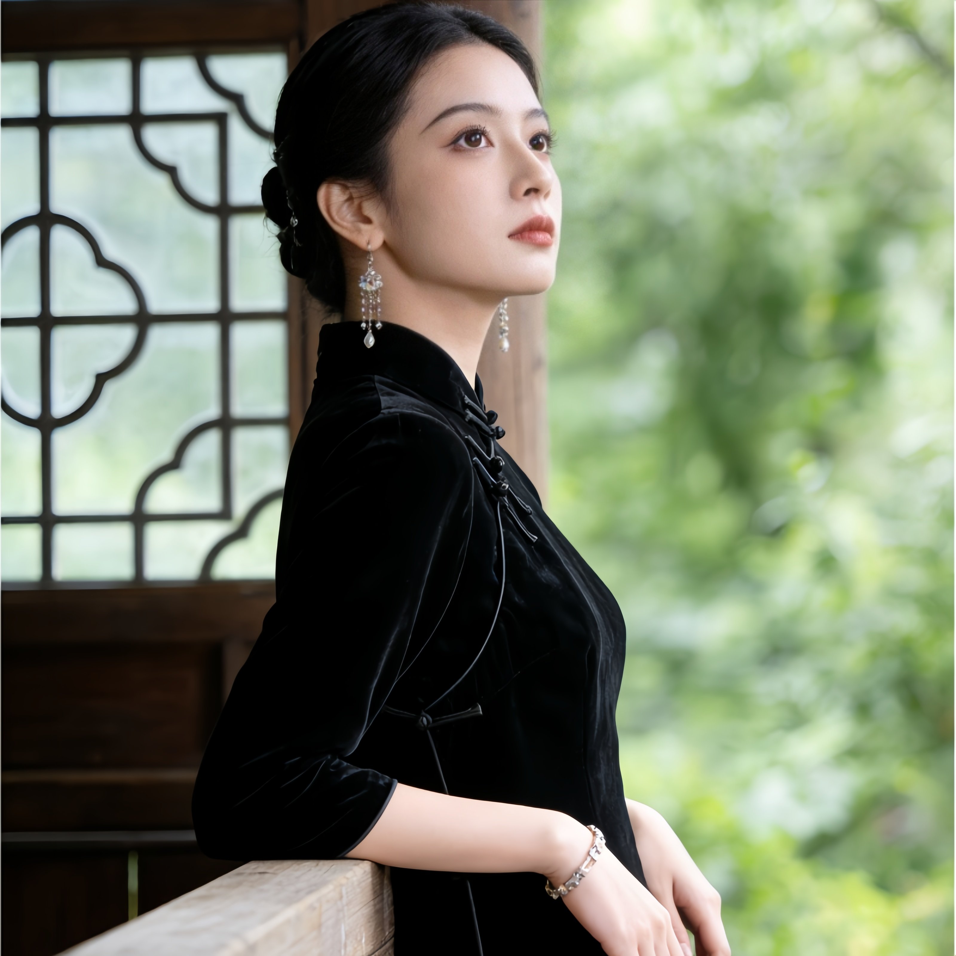 桑蚕丝丝绒旗袍中长款女七分袖复古中国风古法旗袍连衣裙