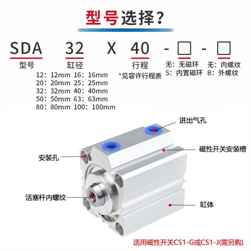 SDA薄型气缸20/25/32/40/50/63/80/100*5X10X30X60X75X80小型气动