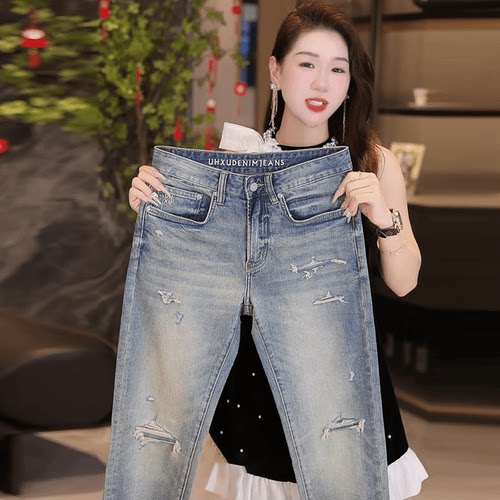 夏季新款高端轻奢破洞九分牛仔裤男美式牛仔裤复古修身小个子裤子