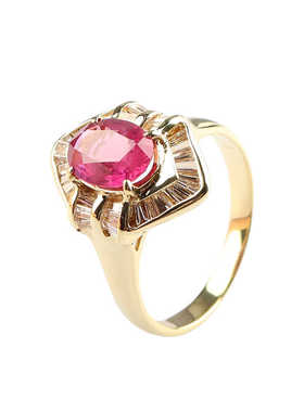 中古95新日本进口椭圆形切工红宝石钻石K18黄金52号戒指