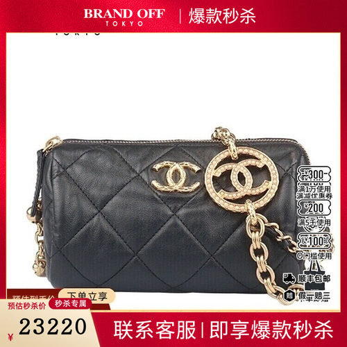 9新CHANEL香奈儿BOWLING BAG黑色羊皮斜挎AS3384二手奢侈品包包