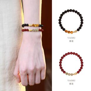 耀葫天然黑曜石朱砂手串正品 小众葫芦和田玉虎眼石手链情侣礼物