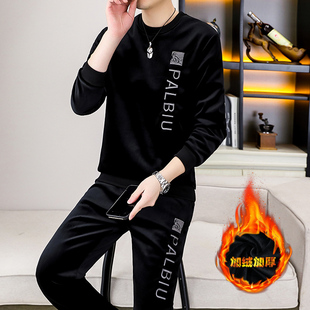 男士金丝绒套装春秋冬季双面加绒厚卫衣休闲运动服潮牌刺绣两件套