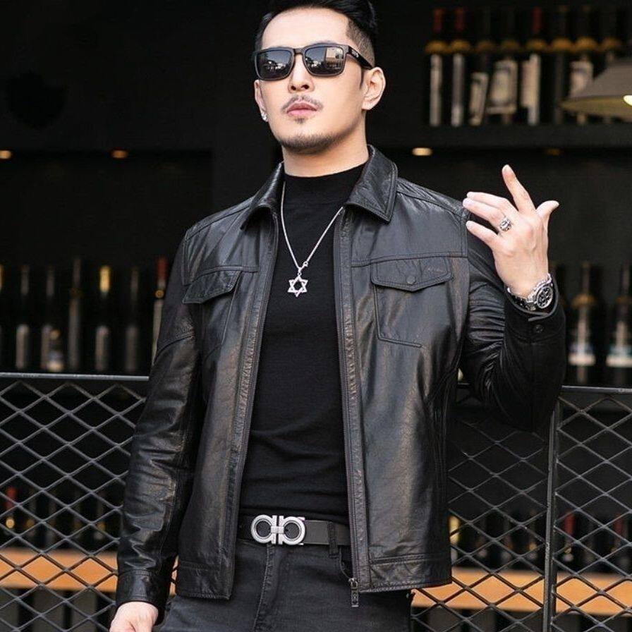 男士绵羊皮机车风短款修身皮衣