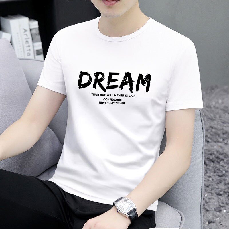 夏季短袖t恤男圆领修身2026新款纯棉潮流印花男士大码体恤打底衫