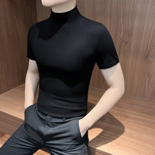 半高领打底衫半袖男款2026新款春秋季高领内搭高级感男士短袖t恤