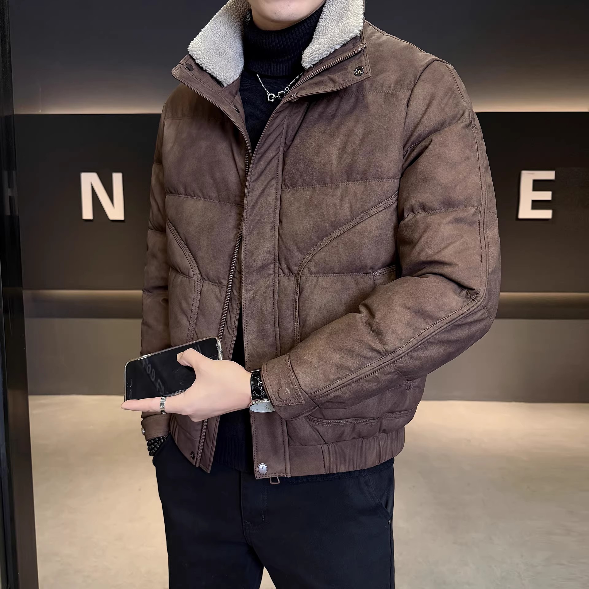 白鸭绒皮羽绒服男冬季加厚翻领