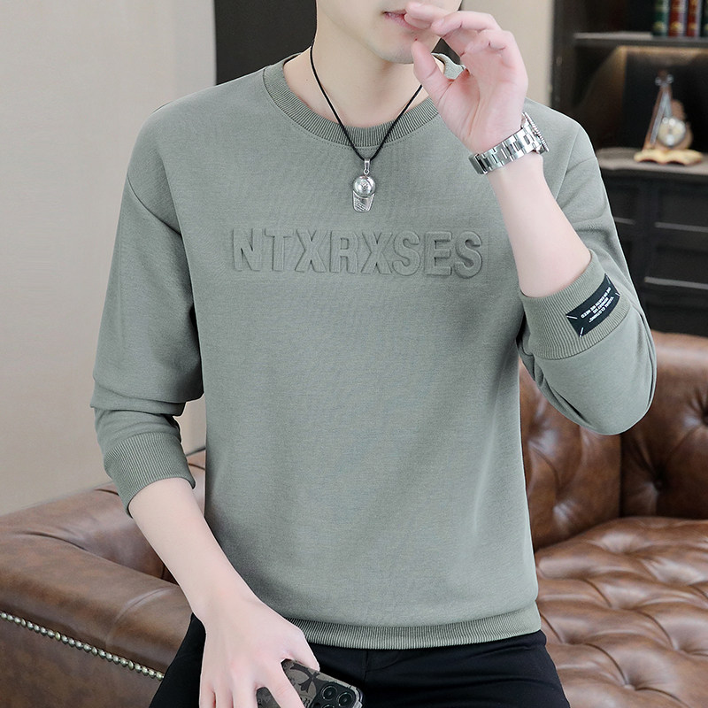 高端品牌春秋季圆领卫衣男纯棉修身加绒加厚男士保暖长袖打底衫帅