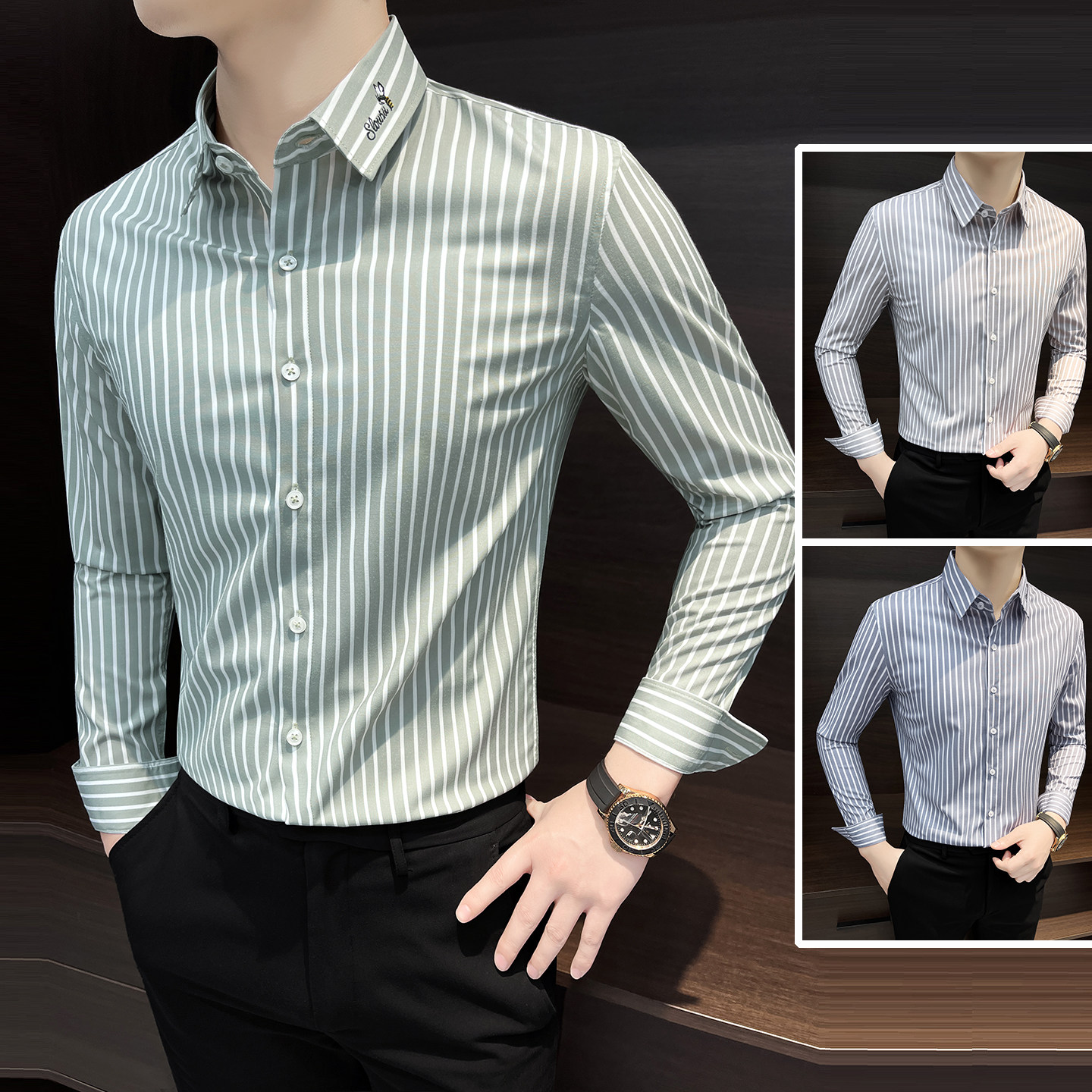 男士条纹长袖衬衫2025新款高级感痞帅高端韩版修身秋季男款衬衣帅