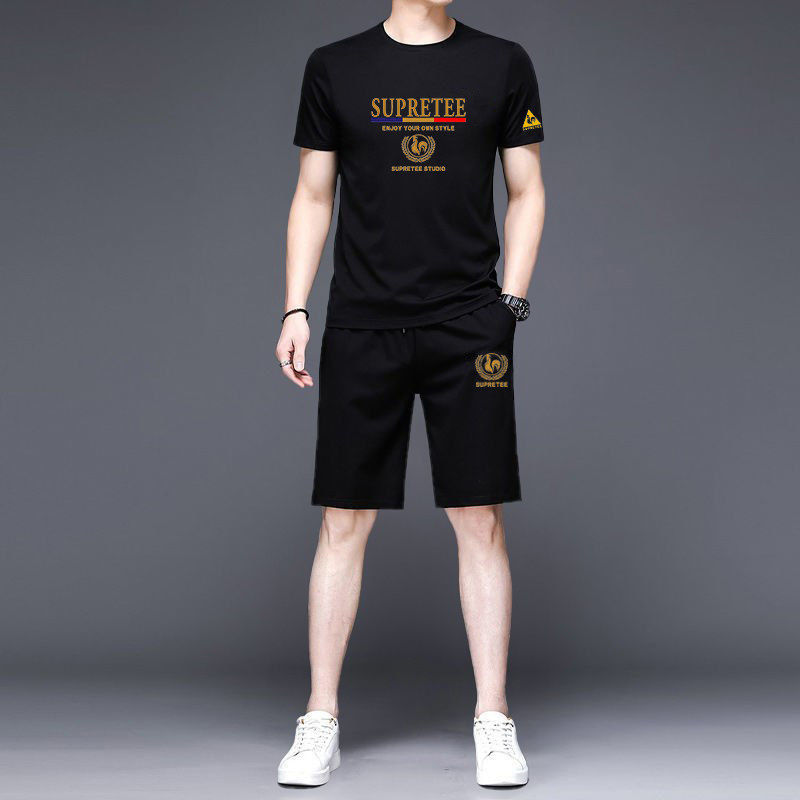 夏季休闲套装男士冰丝薄款速干短袖t恤青年跑步运动服短裤两件套