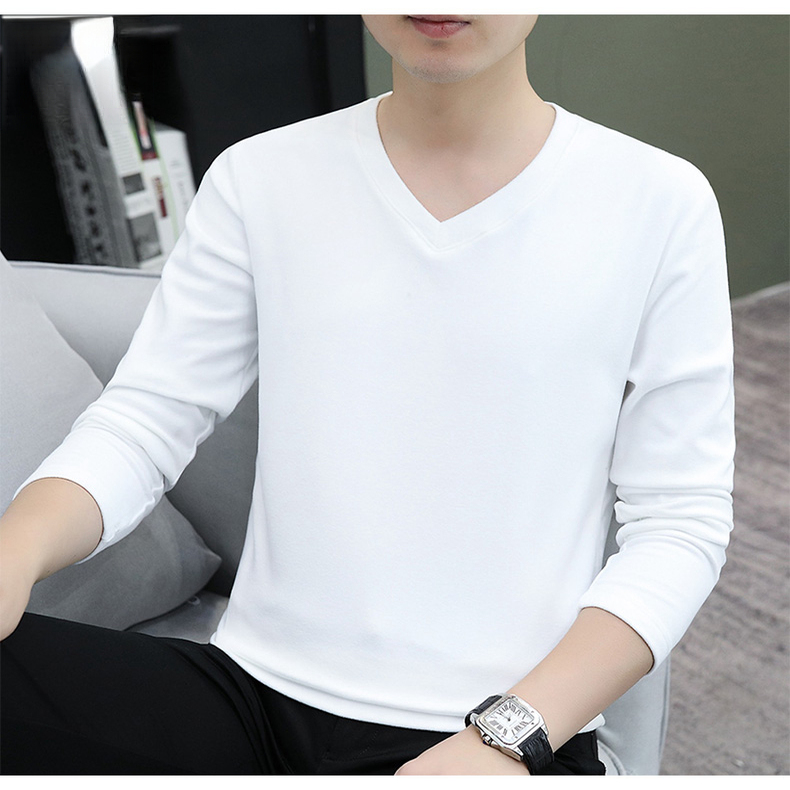 品牌2025新款白色v领长袖t恤男纯棉春秋季休闲男士纯色内搭打底衫