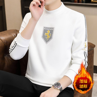 高端半高领卫衣男秋冬季新款加绒加厚潮牌烫钻男士长袖t恤打底衫