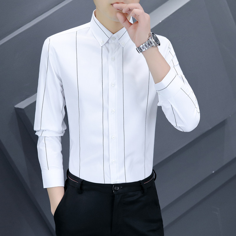 高端条纹衬衫男长袖2025春秋款韩版潮流修身男士休闲宽条衬衣寸衫
