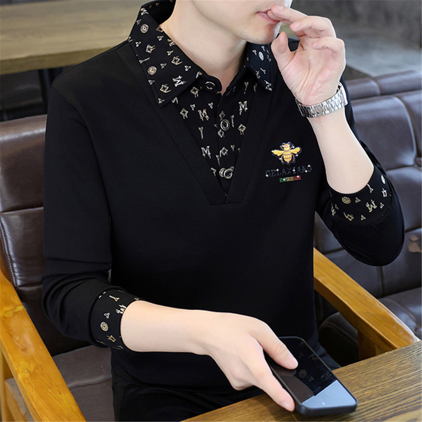 2025新款假两件长袖t恤男秋冬季潮牌印花翻领修身男士卫衣打底衫