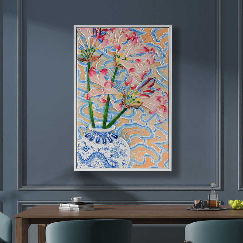 Ru禄秘新中式花卉装饰画玄关客厅挂画青花瓷朱顶红立体手绘高级图片