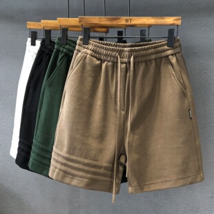 夏男宽松百搭五分裤 俊凯风设计感纯色三条纹运动休闲短裤 复古卫裤