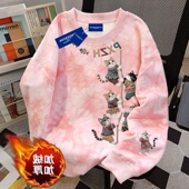 2025美式 设计感可爱猫咪印花圆领卫衣男女秋冬扎染粉色学生宽松T