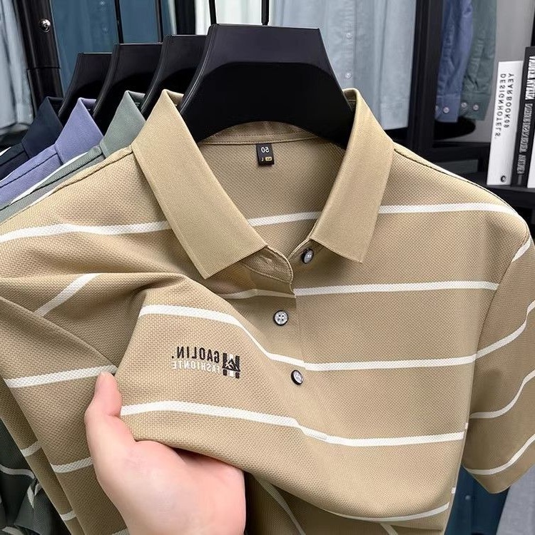 俊凯风2025夏新款短袖t恤男polo领时尚撞色条纹半袖体恤翻领上衣