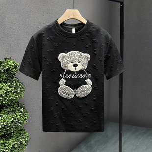 t恤潮男帅气大码 卡通小熊刺绣短袖 宽松圆领套头上衣男夏 新款 夏季