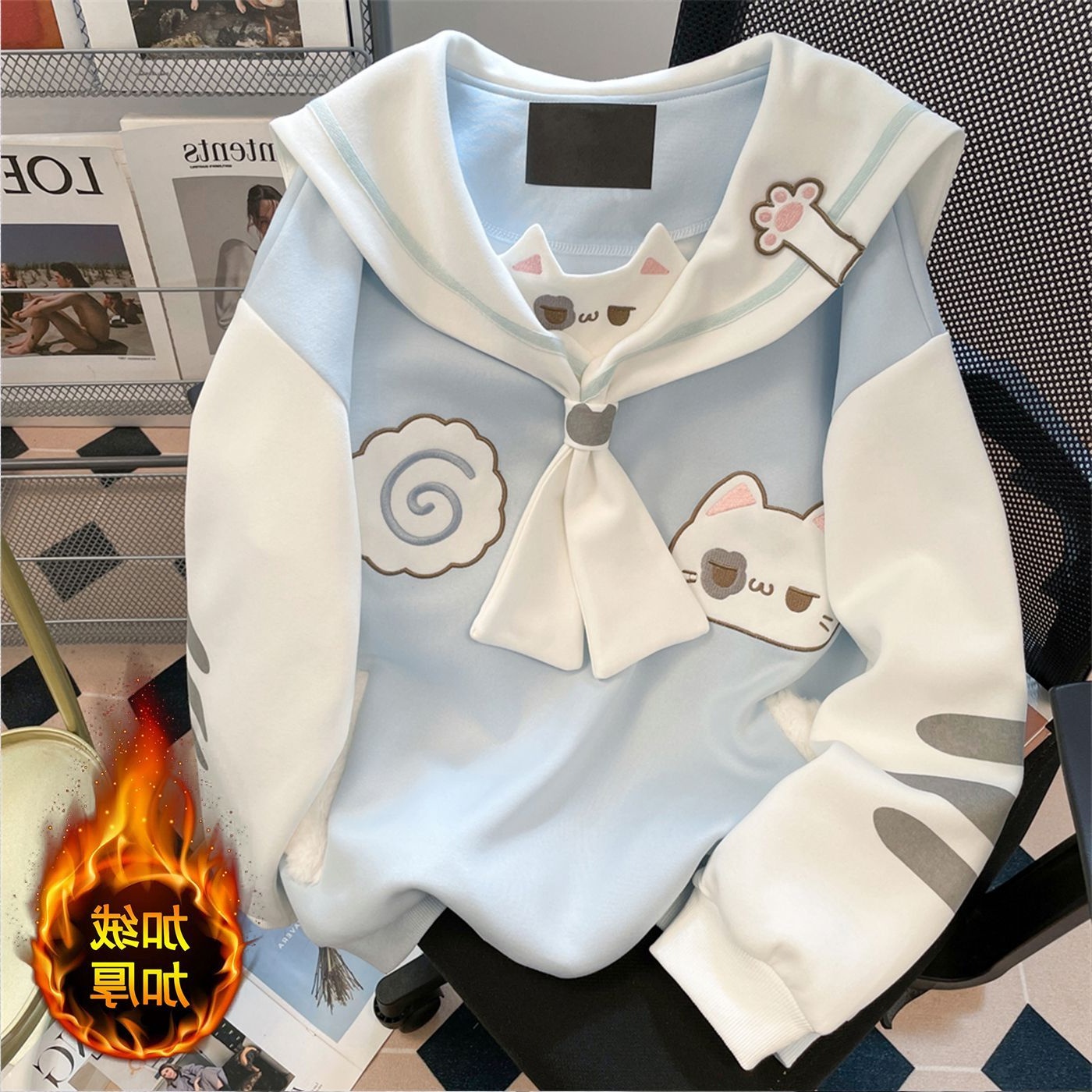 宅萌可爱软妹海军领猫耳朵卫衣女秋季日系减龄小个子长袖上衣外套