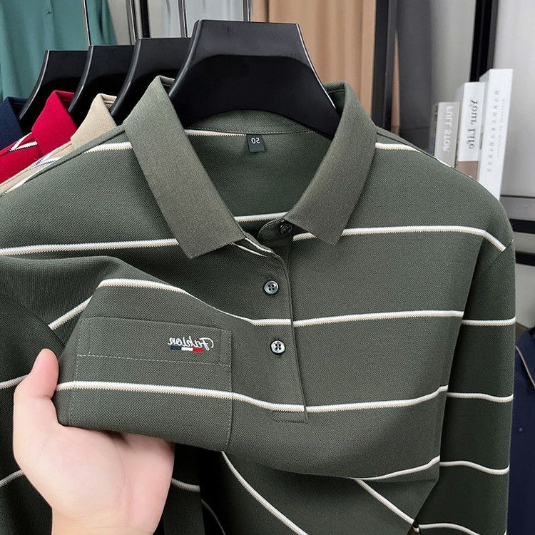 2025秋冬新款男士翻领长袖t恤条纹休闲弹力真口袋刺绣Polo衫上衣