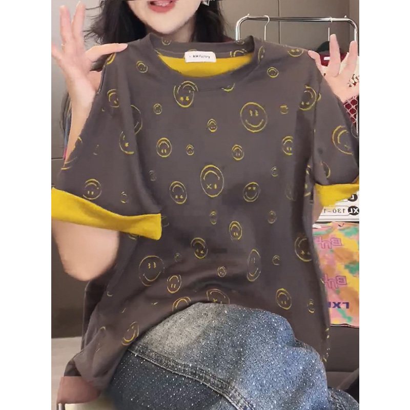 欧货2025年夏季满印笑脸短袖T恤男女款修身时尚洋气设计感上衣潮