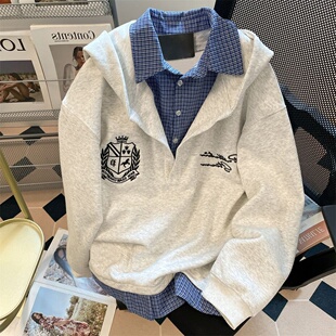 复古刺绣上衣外套 连帽卫衣2025秋冬大码 学院风格 子拼接假两件衬衫