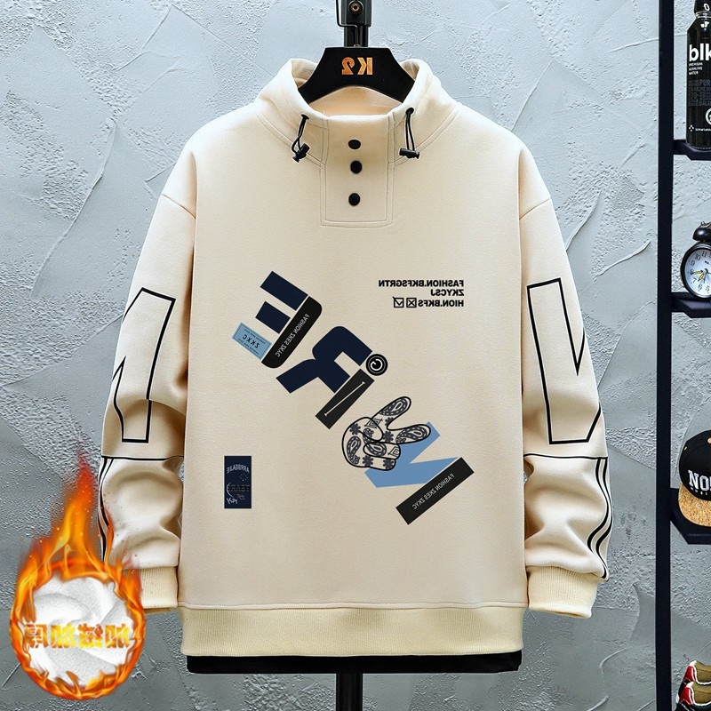 秋冬款青少年加绒卫衣男孩加厚衣服初中高中学生帅气大童T恤上衣