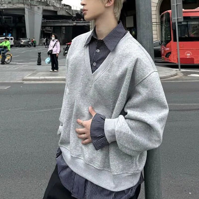 美式复古假两件衬衫领卫衣