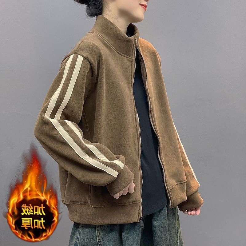 2024秋冬加绒加厚双面绒开衫拉链外套宽松重磅保暖立领夹克男女款