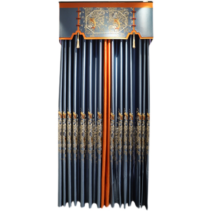 新中式缎面绣花窗帘古典高档大气客厅卧室飘窗成品定制纱年年有鱼