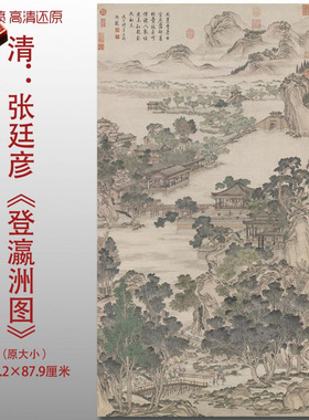 清代张廷彦登瀛洲图明清亭台楼阁山水图复制高清艺术微喷画心临摹