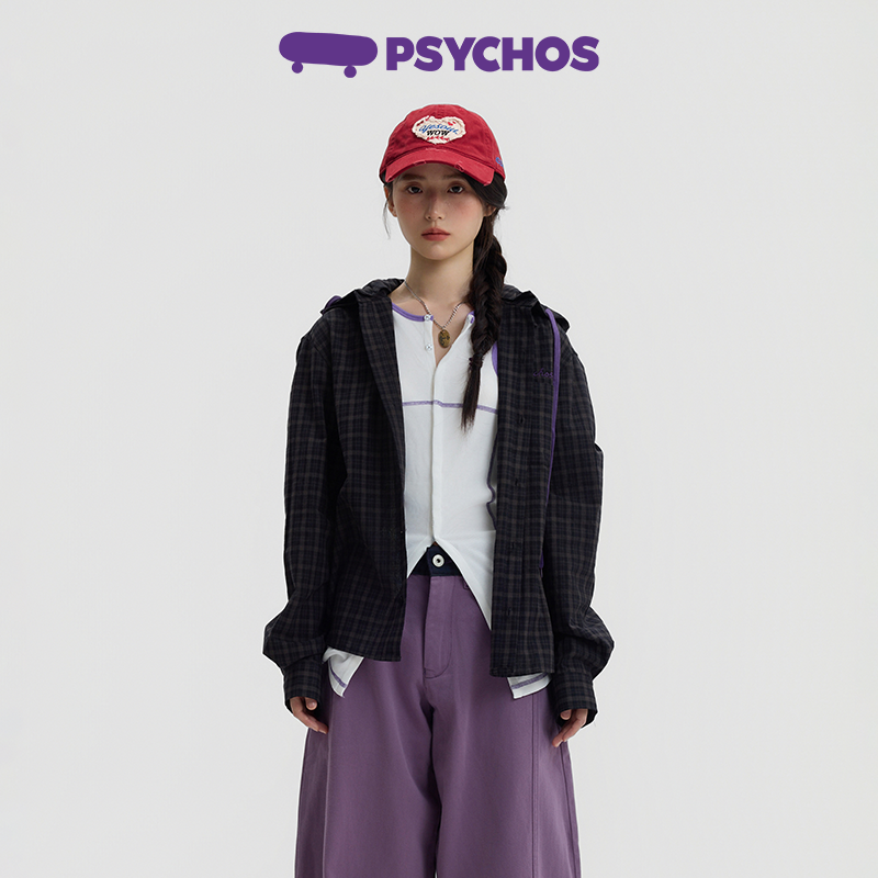 Psychos可拆卸连帽格纹宽松衬衫