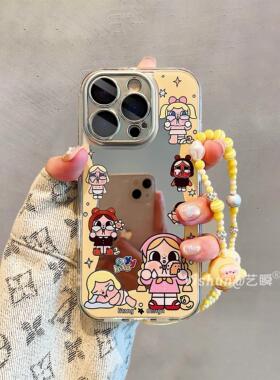 可爱黄色围边镜面哭娃适用苹果16ProMax手机壳新款iPhone15pro治愈系14plus补妆镜面13pro女款12pm趣味保护套