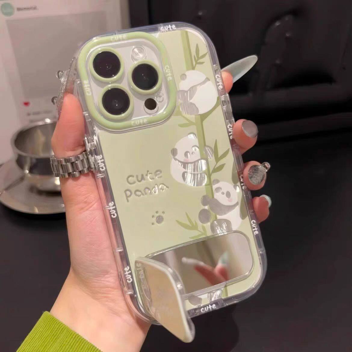 熊猫镜子支架适用iphone16promax苹果手机壳15羽纱14可爱防摔13女