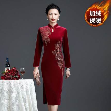 秋冬礼服中年旗袍女婚礼妈妈装喜婆婆婚宴装高贵金丝绒连衣裙高端