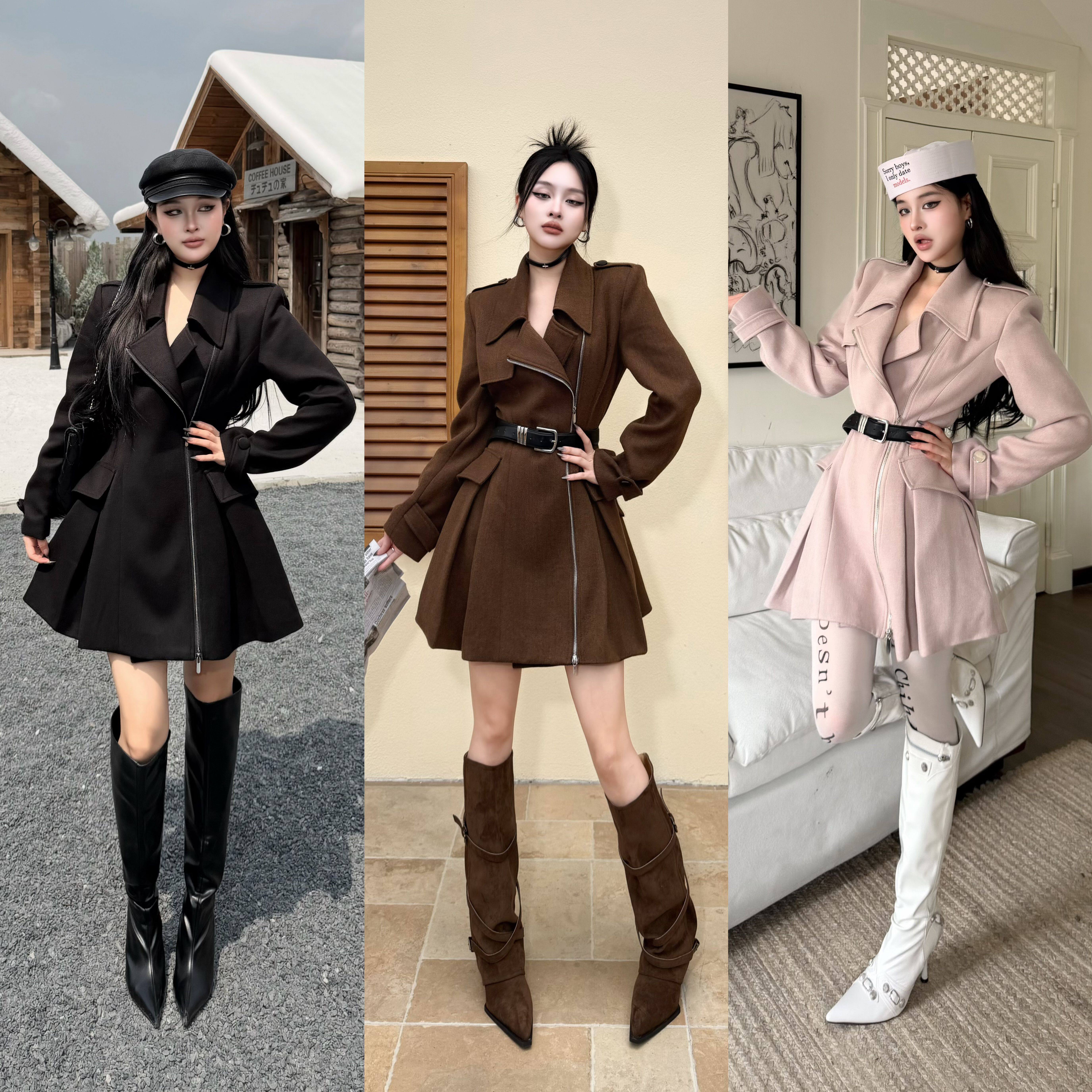 Blackgirl【不得不爱】翻领收腰大衣外套连衣裙华夫格毛呢拉链款