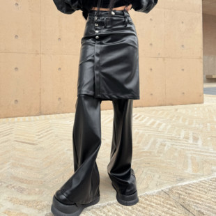 Blackgirl【绝命毒师】假两件遮胯显瘦皮裤休闲高腰阔腿高级设计