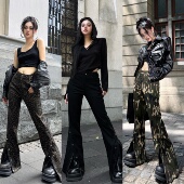 Blackgirl 高弹 高腰豹纹迷彩黑色修身 辣妹部落 显瘦微喇休闲裤