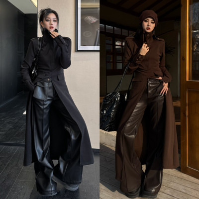 Blackgirl显瘦上衣微喇皮裤套装