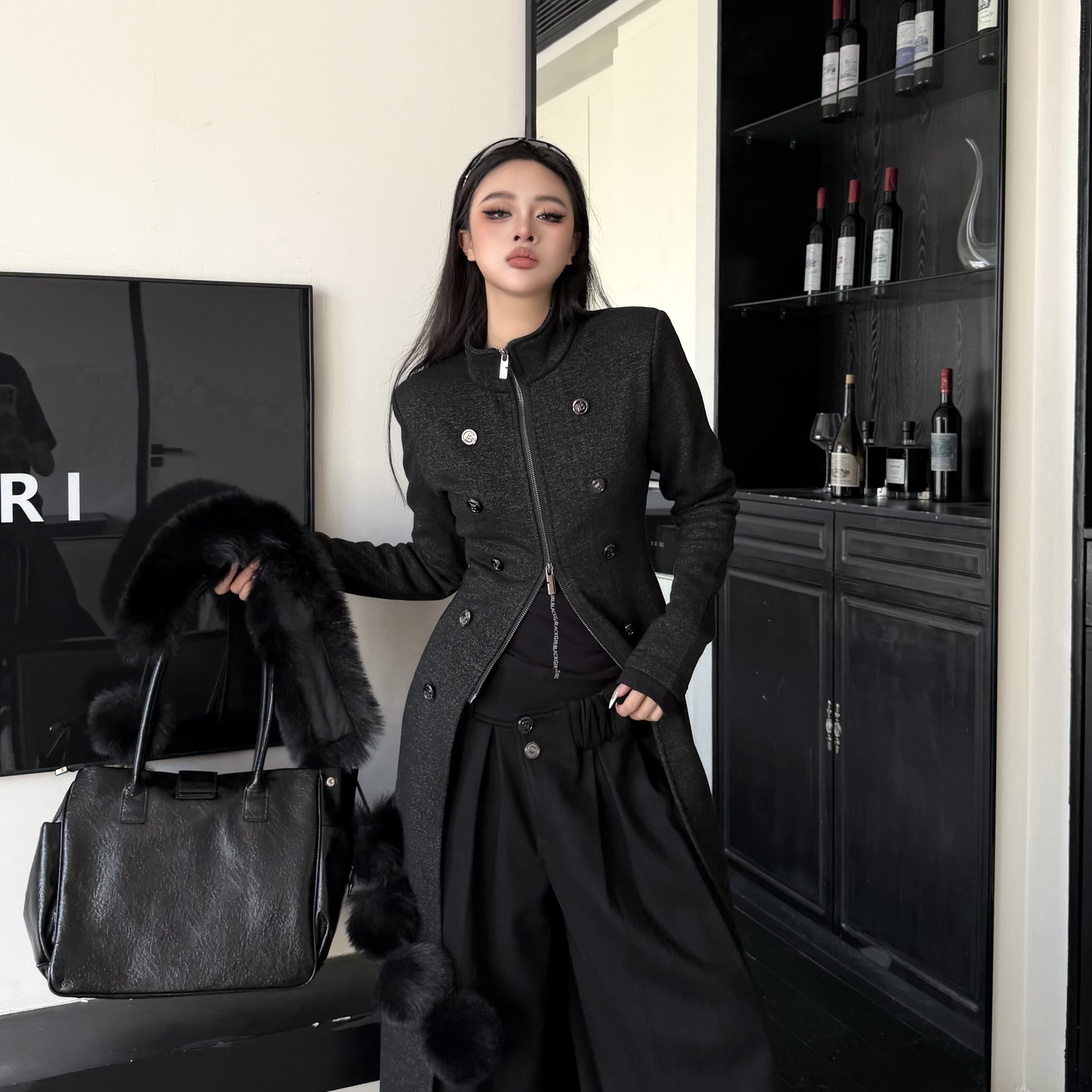 Blackgirl加绒加厚长款外套西裤