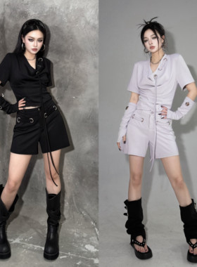 Blackgirl【地心引力】时尚高级休闲套装显瘦收腰上衣设计感短裤