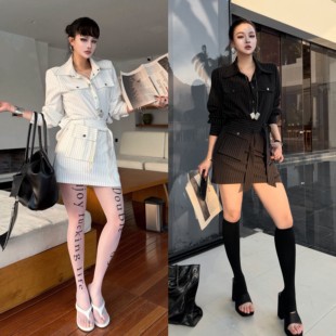条纹衬衫 Blackgirl 冷艳美女 春季 高腰显瘦大女主职场 短裙套装